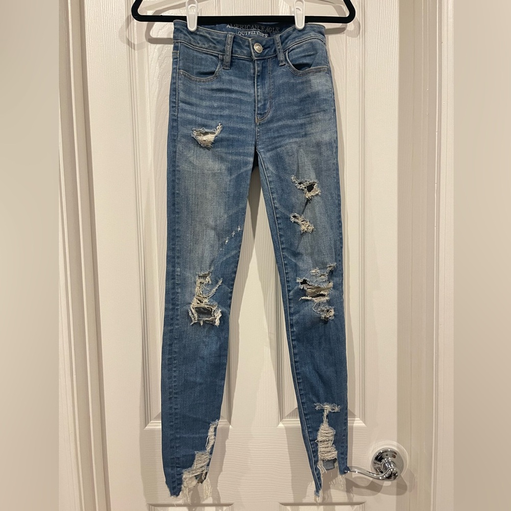 High Rise Jeggings Super Stretch American Eagle Ripped Medium Blue Skinny Jeans